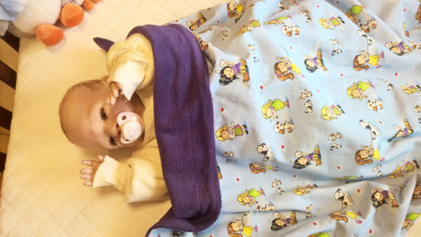 Babydecke-Mädchen-mit-Tieren-Trico-Rückwand-Baumwollfleece-lila