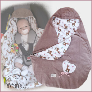 Einschlagdecke-Babyschale-Sommer-Kreana-Trico-braun-Reh-all-over
